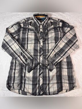 Roar Signature Men’s XXL Plaid Embroidered Western Shirt Black White Y2K